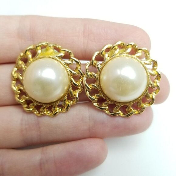 Vintage Gold Tone and Faux Pearl Stud Earrings, Retro 80s Design, Estate - Picture 2 of 5